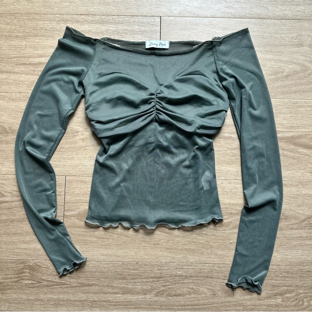 Green Mesh Off-Shoulder Ruched Long Sleeve Top